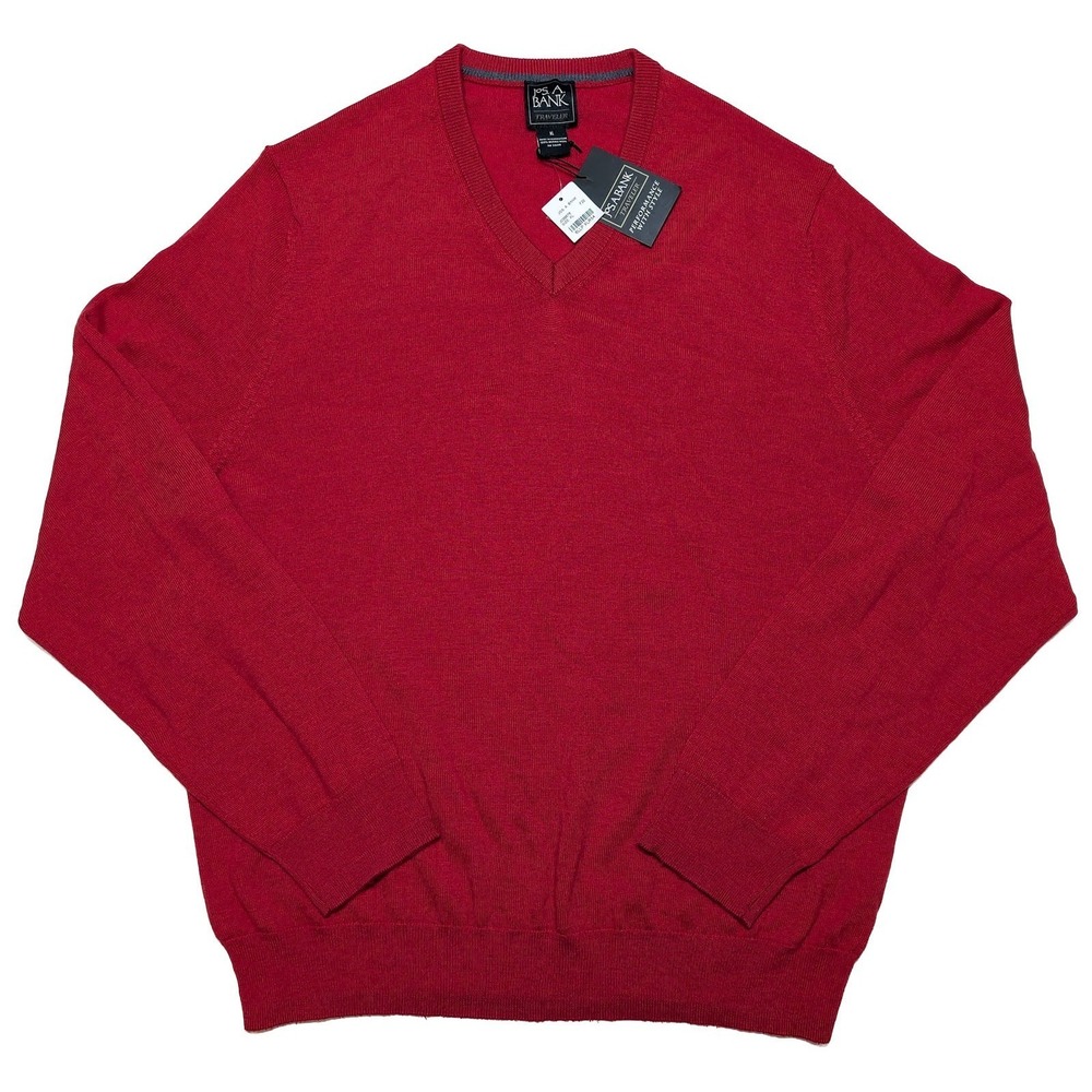 JOS A BANK 100% Merino Wool Traveler V-Neck Sweater Solid‎ Red XL ~ New